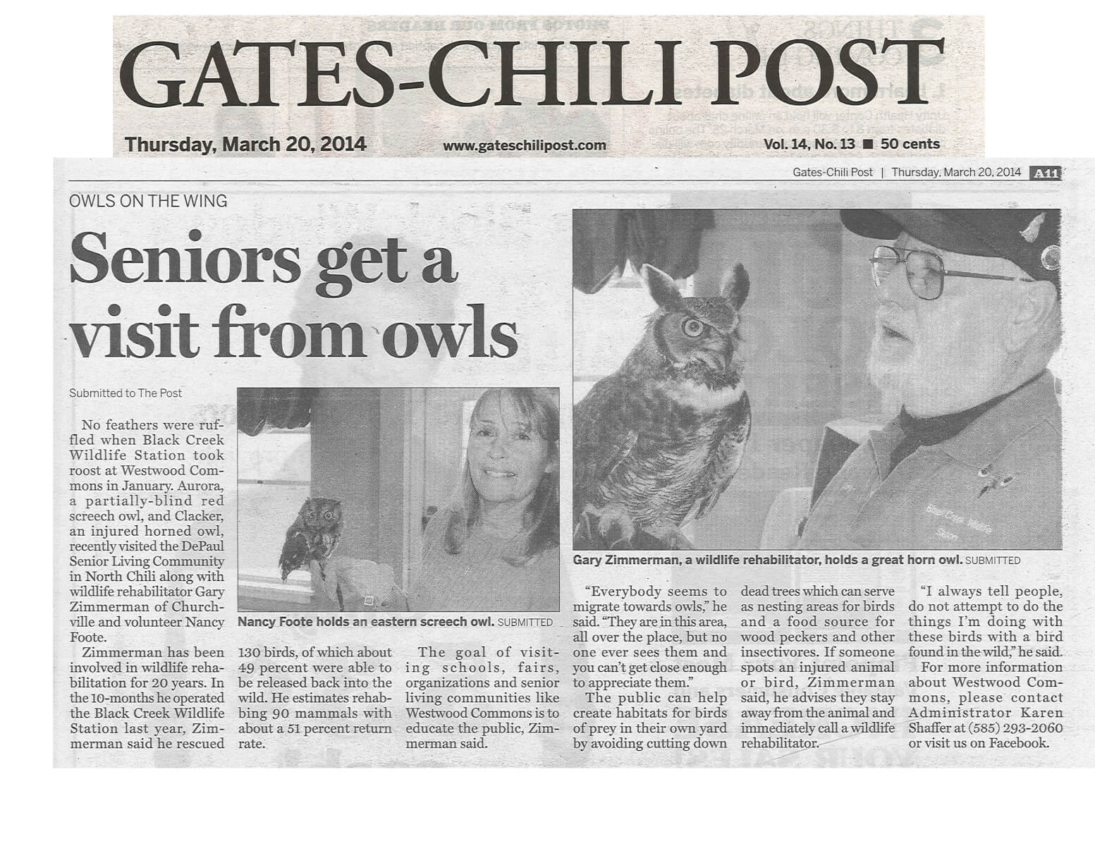 Westwood Commons Residents get a visit from Owls on the Wing Story in the Gates Chili Post March 20, 2014