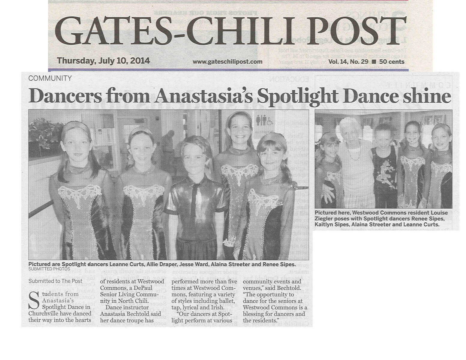 Westwood Commons get a visit from Spotlight Dancers story in the Gates Chili Post July 10, 2014