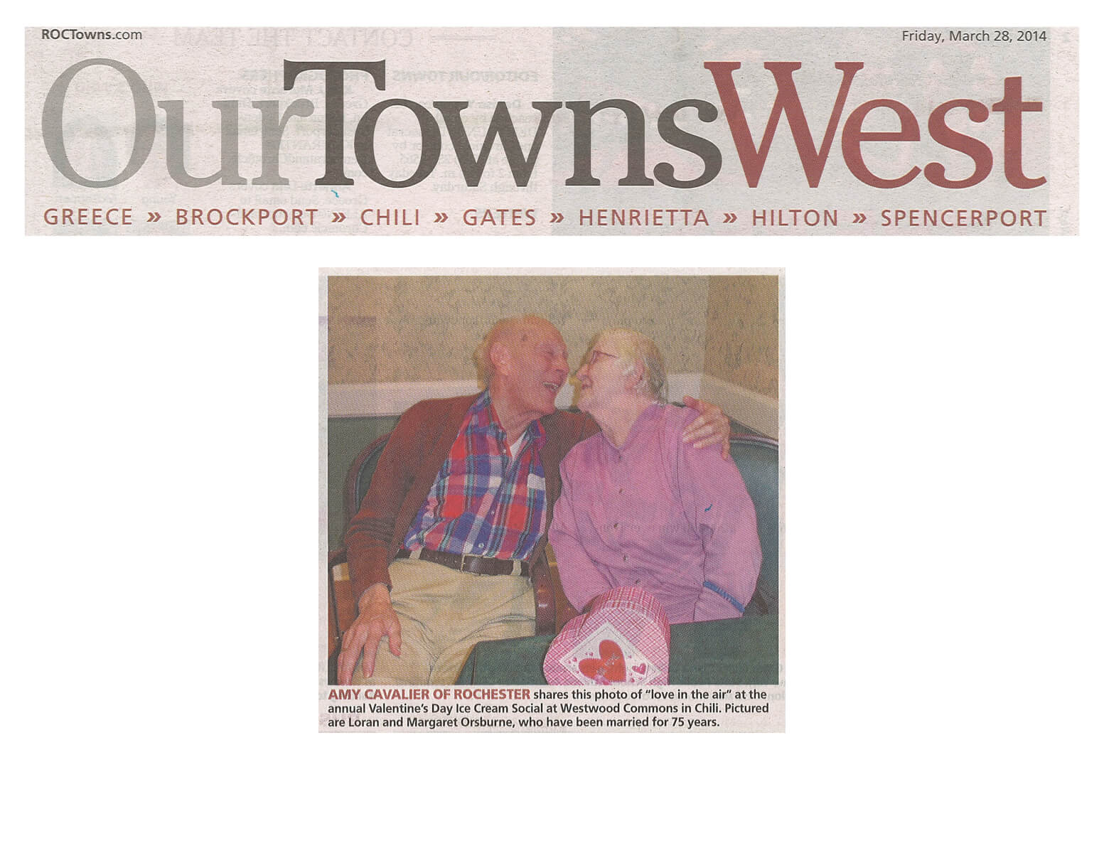 Westwood Commons Assisted Living Valentine's Day Story in OurTownsWest March 28, 2014