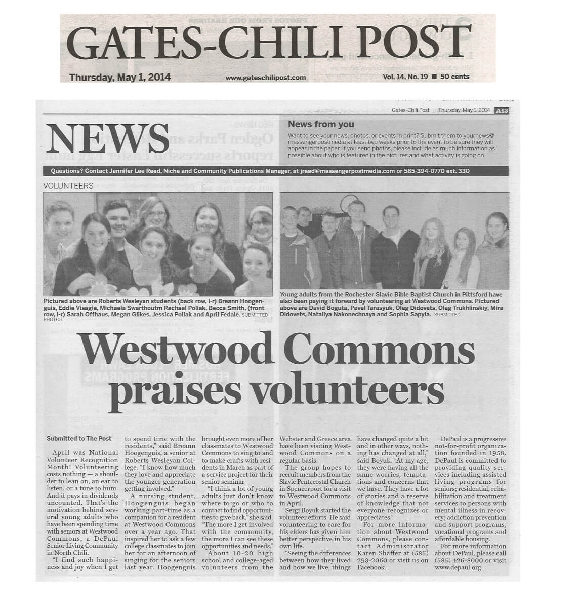 Westwood Commons Praises Volunteers Article in the Gates-Chili Post May 1, 2014