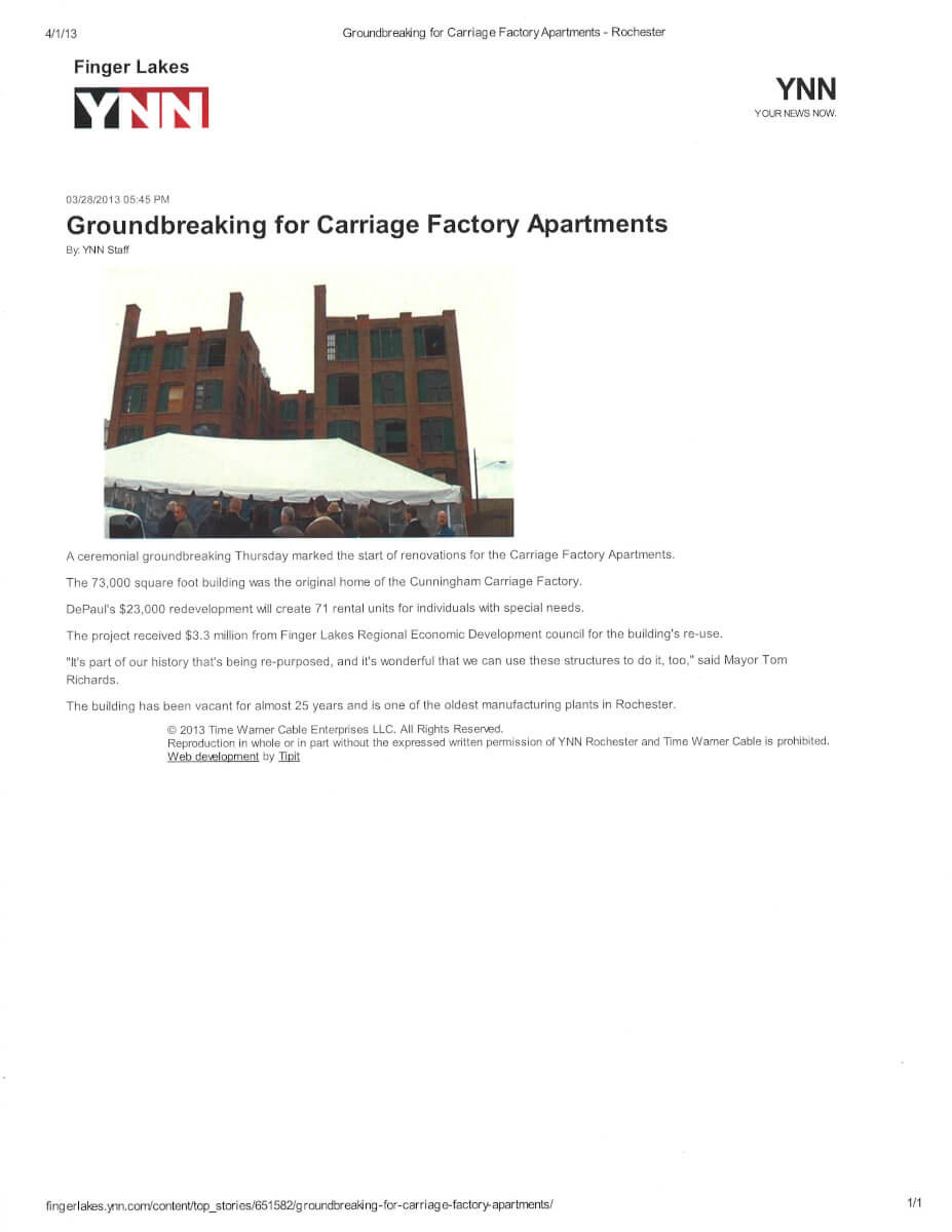 carriage factory apartments ground breaking story in Finger Lakes Your News Now 2013