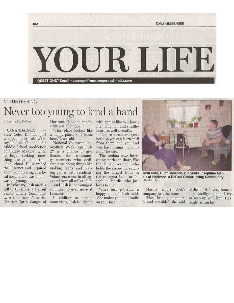 Horizons Assisted Living Young Volunteer Story in the Daily Messenger 2013