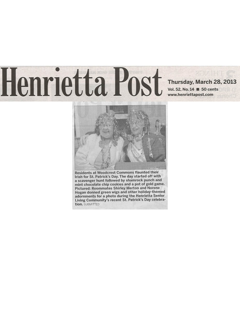 Woodcrest Commons St,. Patrick's Day Story in the Henrietta Post 