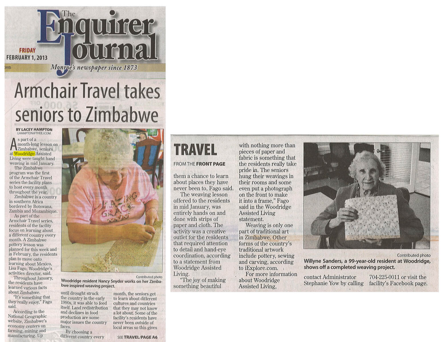 Woodridge Armchair Travel Story in the Enquirer Journal February 2013