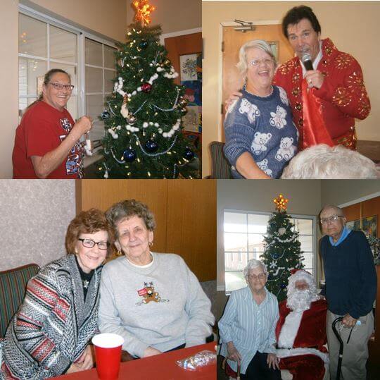 Heath House residents celebrating Christmas with decorations, Elvis, and Santa