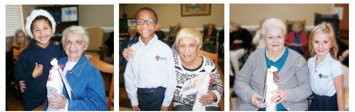 Wexford House residents Nancy Killian, Susie Morlock and Margaret Ingle with Southlake Christian Academy students Jayden, Christian and Mallory.