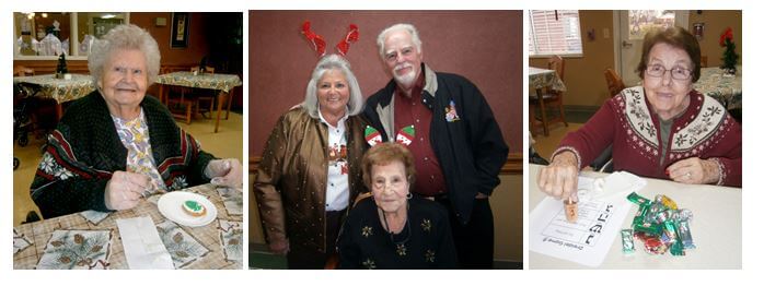 Wexford House resident Merle Moore makes homemade cookies, Frances Genta enjoys a holiday party alongside family members and Mary Kanupp gives the dreidel a spin during a Hanukah party