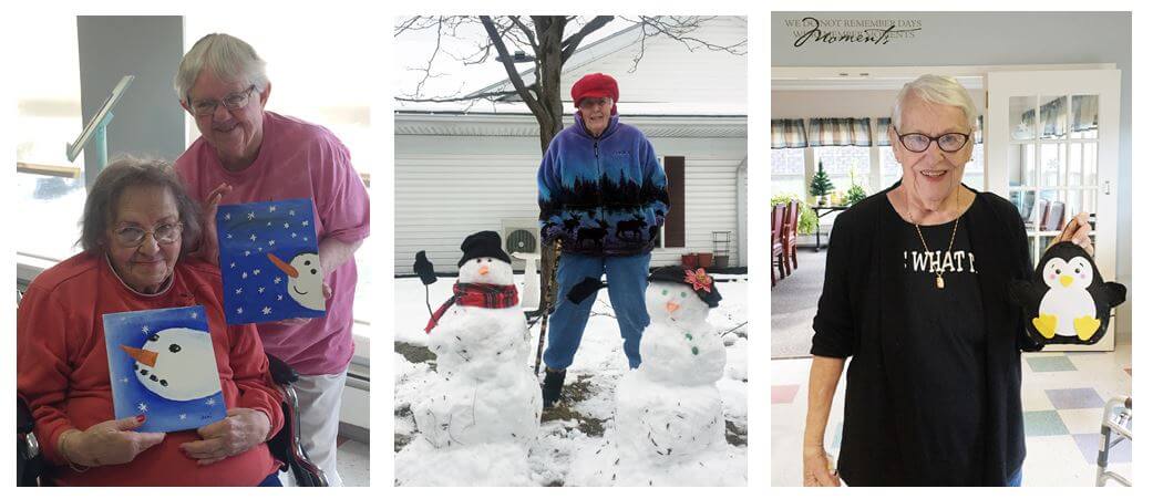  Woodcrest Commons Joan Rangus and Shirley Merton show off their winter-inspired artwork during painting with a twist, Joanne Hackett builds a snowman and Norene Hogan displays a stuffed penguin which she laced and stuffed during a craft activity