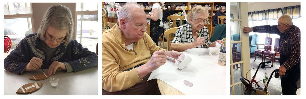 Woodcrest Commons resident Rosanne Bourne puts the finishing touches on a Super Bowl coaster, John Hicks and Connie Rovas get crafty with some pottery at Color Me Mine in Pittsford and David Gerhardt searches for groundhogs during a scavenger hunt