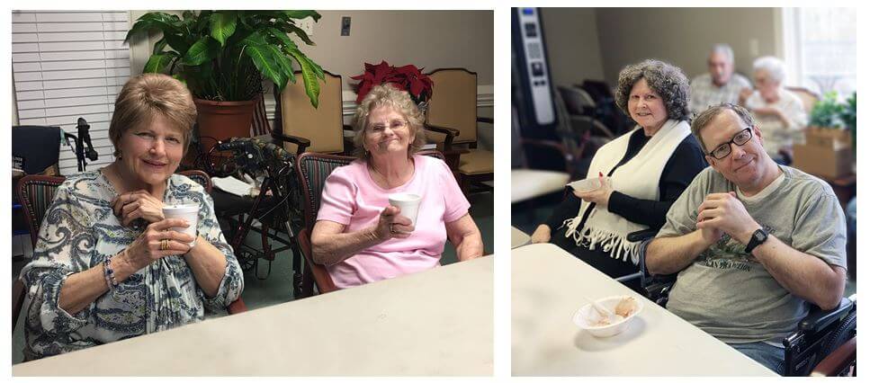 Woodridge residents Libby Hess and Nedra Vargas sip hot chocolate while Linda Wortman and Tom Rich enjoy fellowship at an ice cream social.