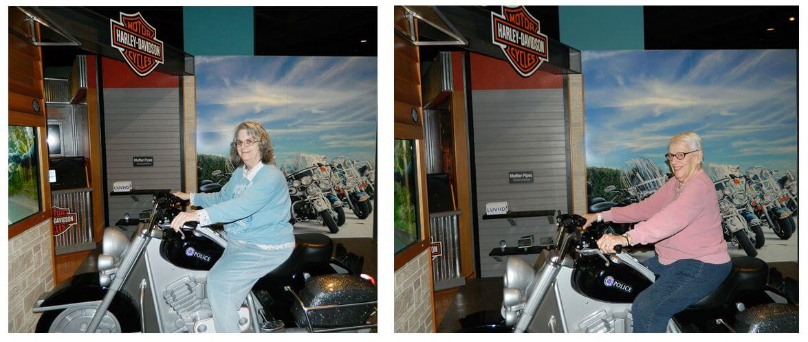 Woodcrest Commons residents Rosanne Bourne and Shirley Merton at the Harley Davidson Exhibit