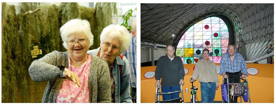 Residents Dolores Marshall and Joanne Hackett in the Dancing Wings Butterfly Garden and Richard Marsh, Doug Kurlan and John Hicks at the Strong Museum of Play.