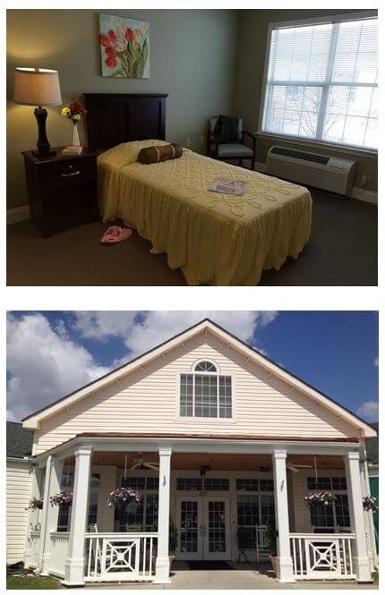 Bedroom and exterior photo of Pee Dee Gardens, A DePaul Senior Living Community in Florence, SC.