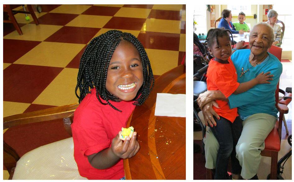 Rhaniyah Woods eating a treat and Terry'Anna Brown hugging resident Bernice Ellerbe