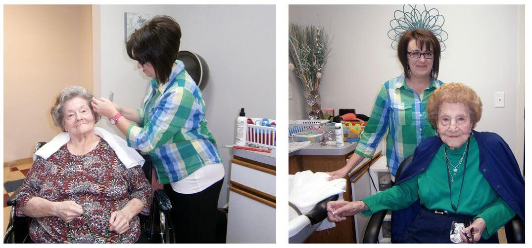 Wexford House residents Josephine Johnson and Frances Genta getting their hair done in the salon 