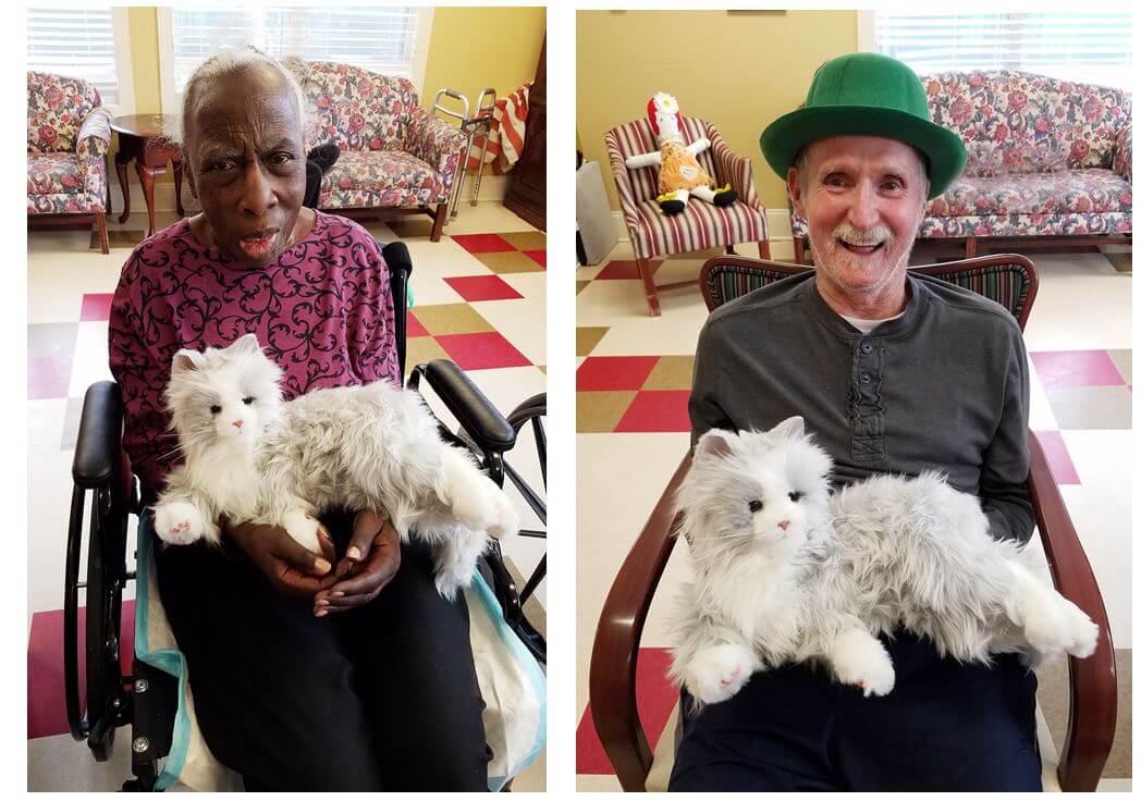 Hasbro Joy for All Companion Cat with pictured with residents Jessie Harris and William Hildreth at Woodridge