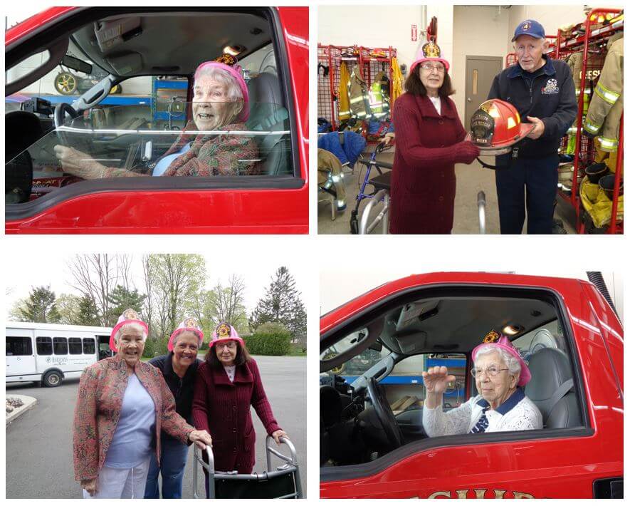 Horizons residents Joanne Fegley in a fire truck, Liz Steinmetz with a fire fighter, Rose Lenzi in a fire truck and Joanne Fegley, Resident Care Director Kim Patterson-Brown and Liz Steinmetz outside the fire hall