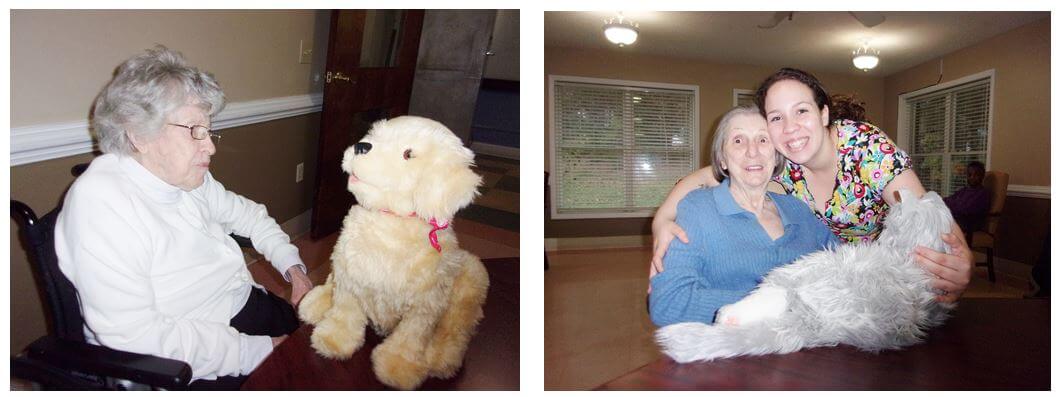 residents Bertie Bowman and Daphne Chipman and Medication Tech Shay Beline with the companion pets