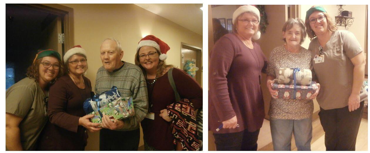 Wendy Whaley, Valerie Faw and Kem Jessup with resident Pete Bowman. Valerie and Wendy are also pictured with resident Ruby Vainwright with gifts