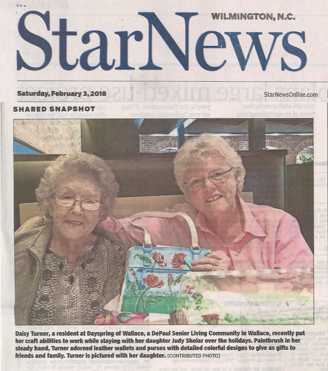 Dayspring of Wallace Resident Daisy's Painted Purses Story in the Wilmington Star News February 3, 2018