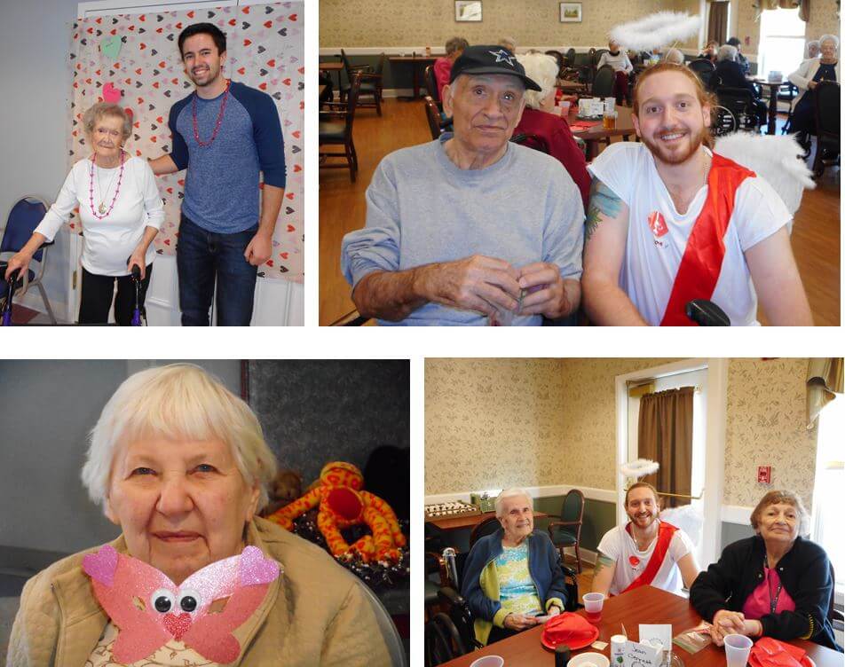 Roberts Wesleyan student Trevor Owens with Westwood Commons resident Anna Bell; Westwood Commons cook Joe Blasetti as cupid with resident Manual Gutierrez; Blasetti with residents Jean Bennett and Lucy Giglio Westwood Commons resident Florence Michaloski.