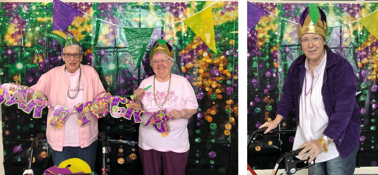 Woodcrest Commons residents celebrating Mardi Gras with lots of decorations 