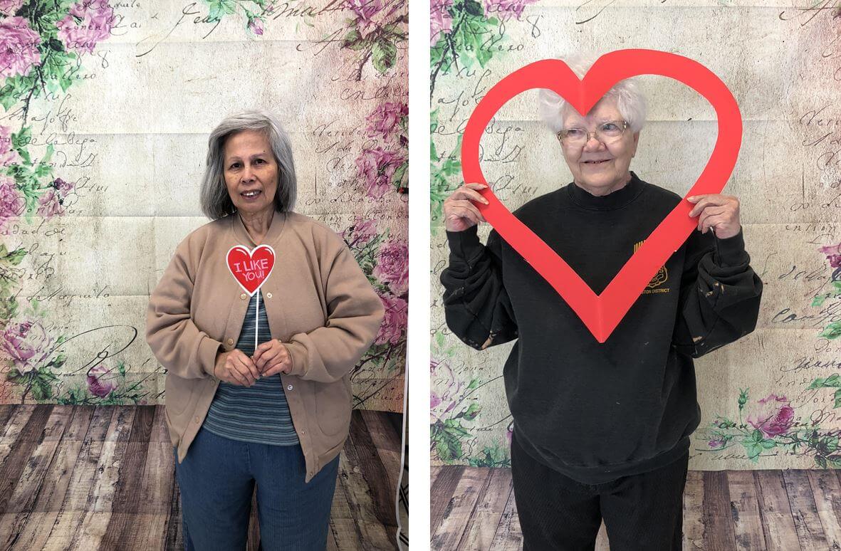 Woodcrest Commons residents Vroira Simpson and Dolores Marshall celebrating Valentine's Day 