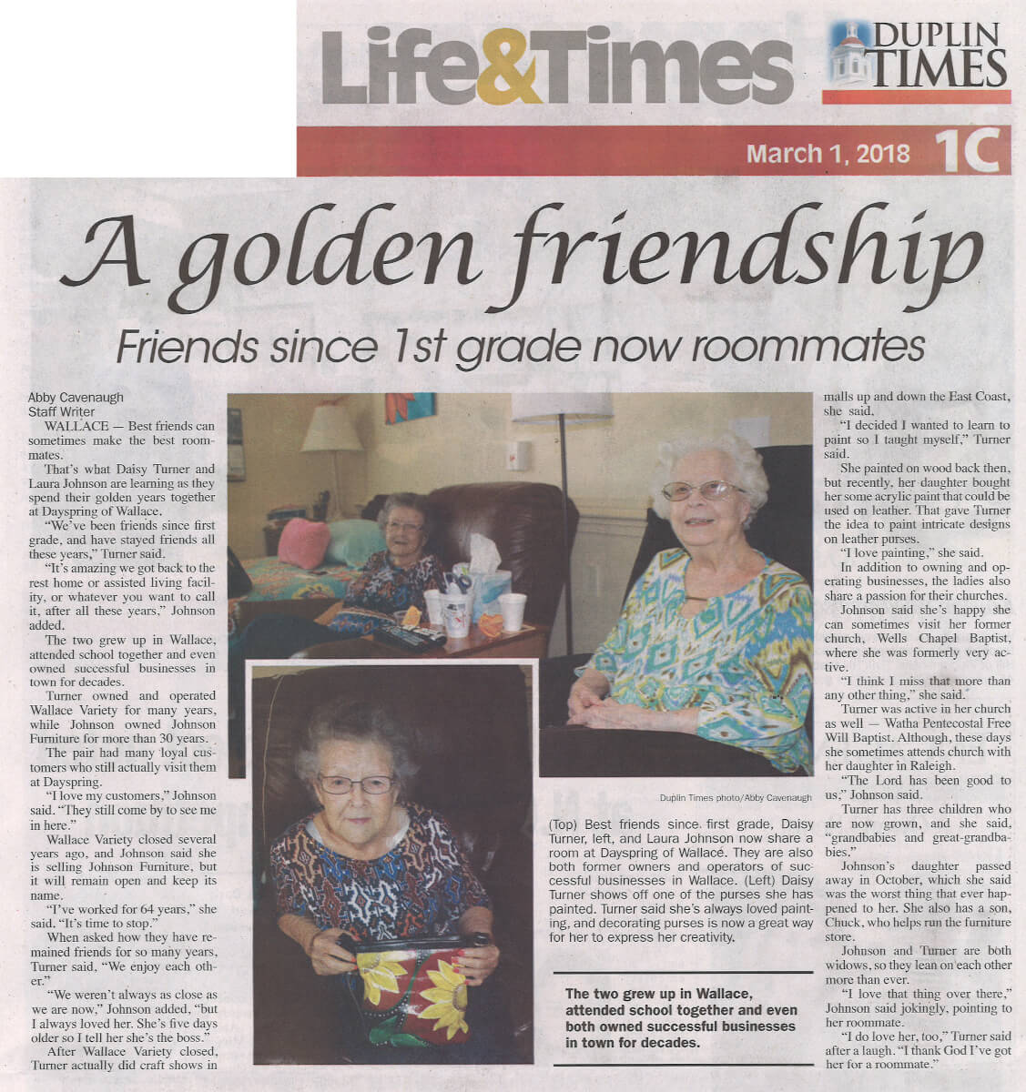 A Golden Friendship at Dayspring of Wallace article in the Duplin Times March 1, 2018
