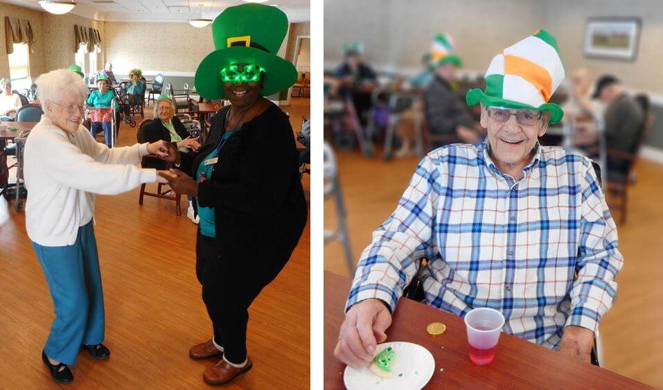 enjoying the St. Patrick’s Day festivities are Westwood Commons resident Dorothy Harkness dancing with Activities Director Cathy Toney, as well as resident Chester Seil