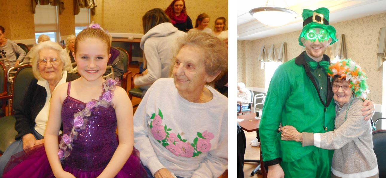 Westwood Commons residents Eleanor Mostek and Jeanette Fairthorne with dance student Olivia Mundell, as well as resident Florence Vancott with Westwood Commons’ leprechaun and cook Joe Blasetti