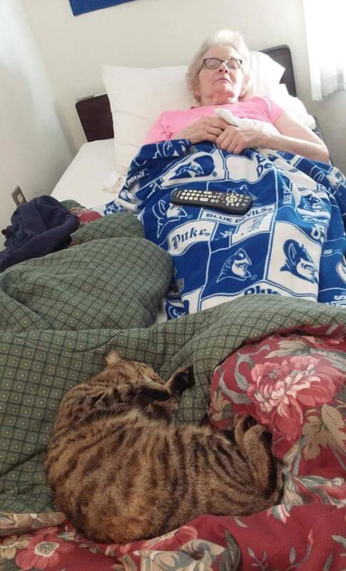 Miss Kitty pictured in bed with Twelve Oaks resident Brenda Edmonds