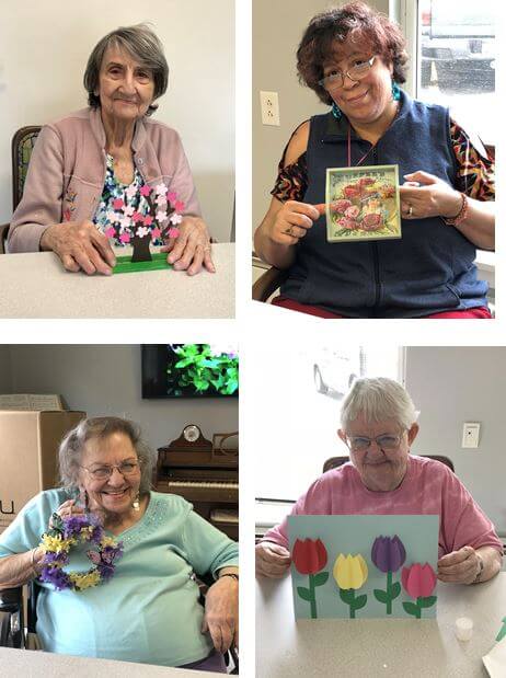 showing off homemade Spring crafts are Woodcrest Commons residents Ann Crocetta, Andrea Heath, Shirley Merton and Joan Rangus.