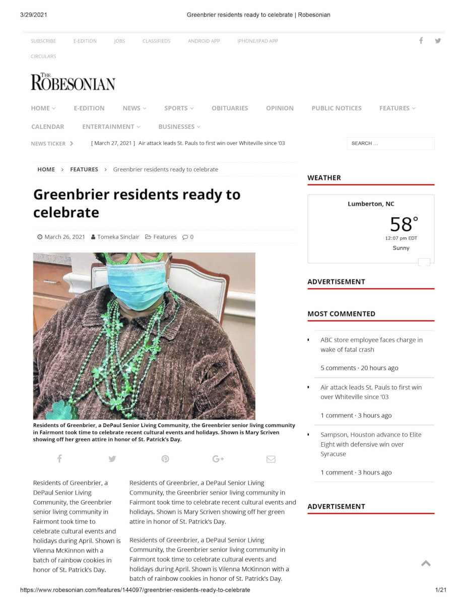 Greenbrier Residents Ready To Celebrate, 3.26.21 Robesonian 1