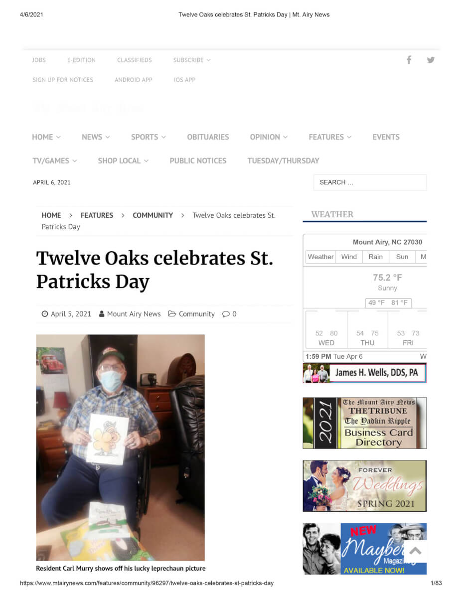 Twelve Oaks Celebrates St. Patricks Day , 4.5.21 Mt. Airy News 1