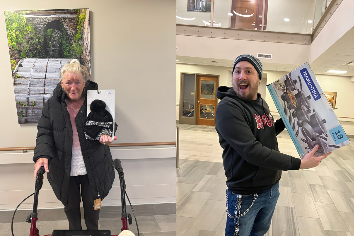 Resident with new coat, hat and glove set and resident with new pots and pans.