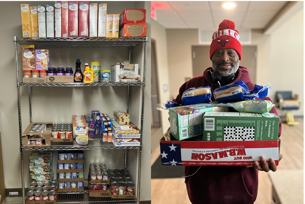 Food pantry and resident with food