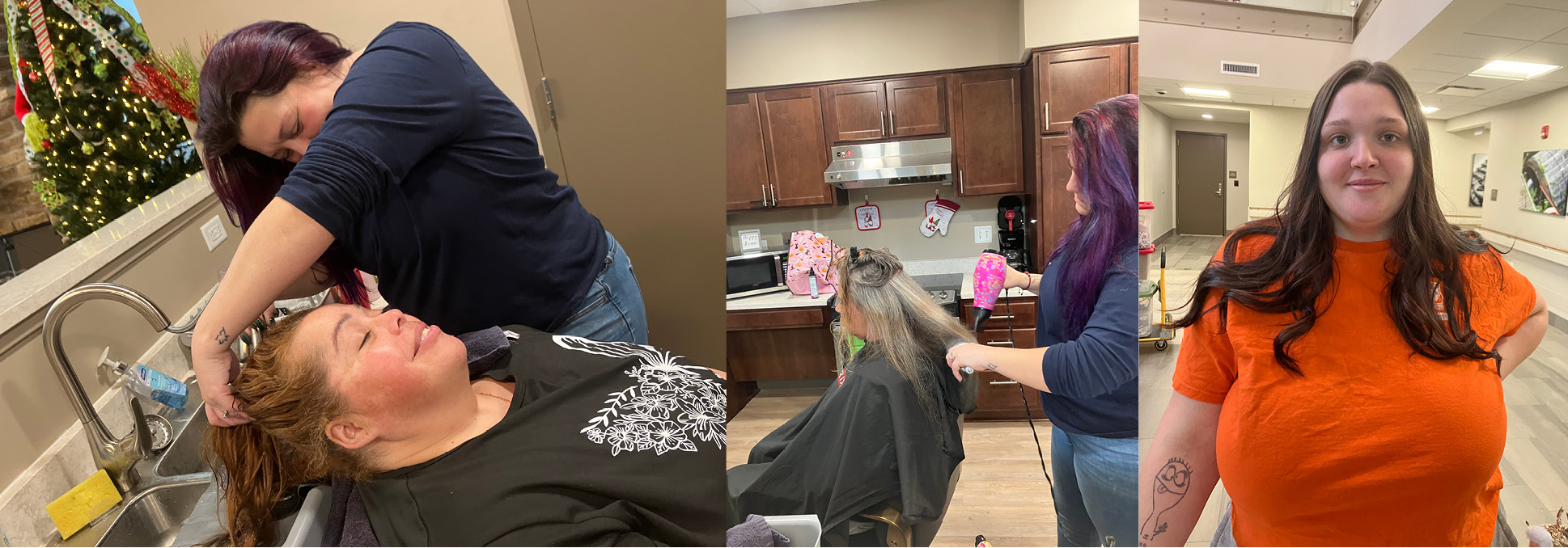 Stylist washes and styles residents' hair.