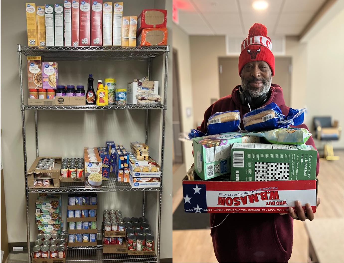 Shelf filled with non-perishable food; resident holding box filled with food