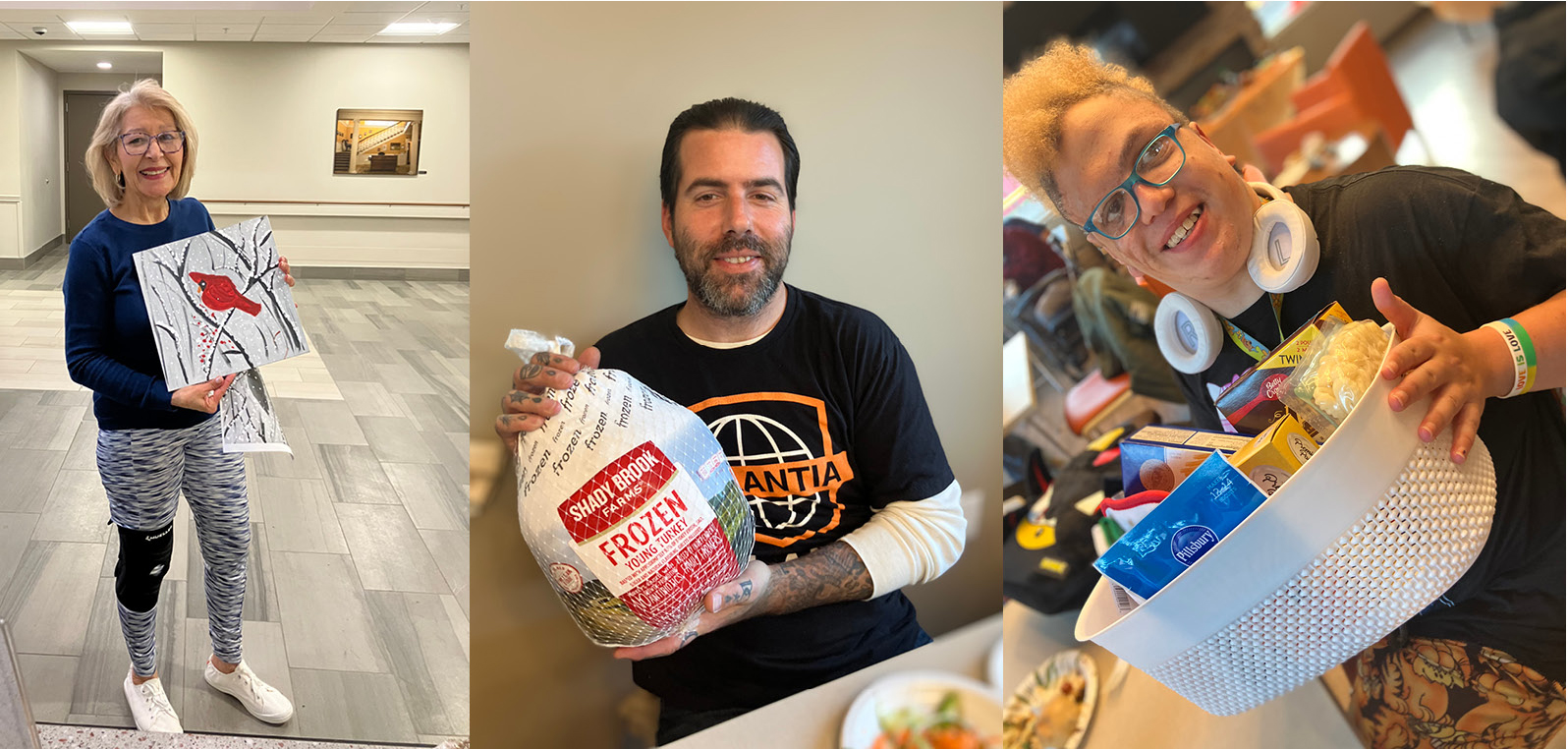 Resident holding art project; resident holding frozen turkey; resident holding food basket