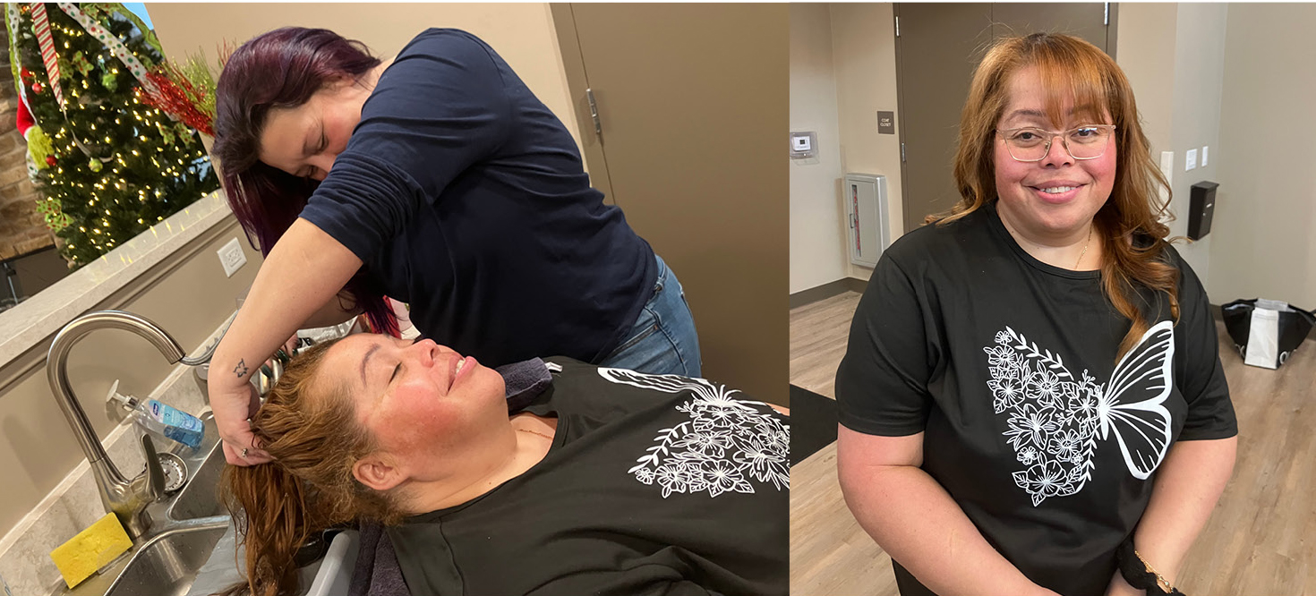 Resident gets hair washed by stylist; resident poses with hair styled